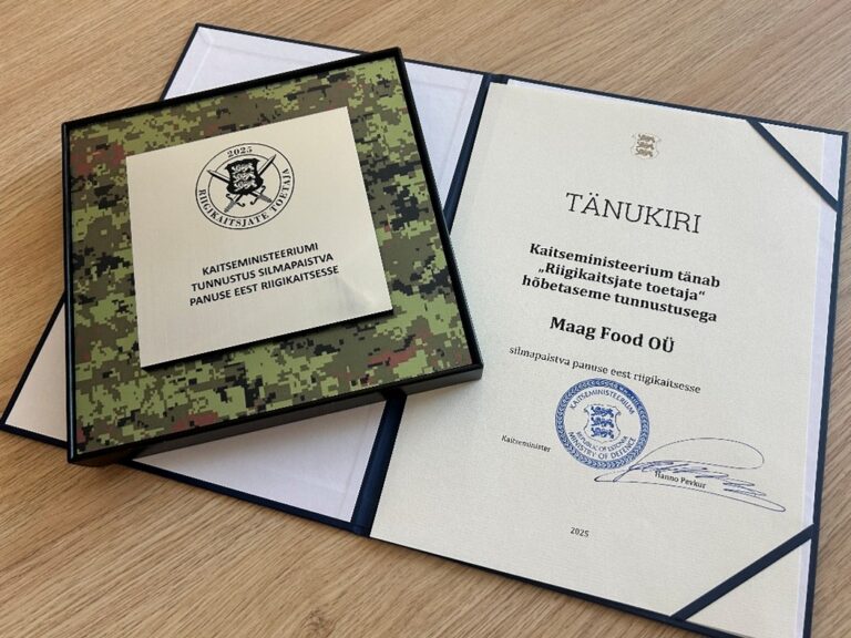 Maag Food pälvis riigikaitsjate toetaja hõbetaseme tunnustuse